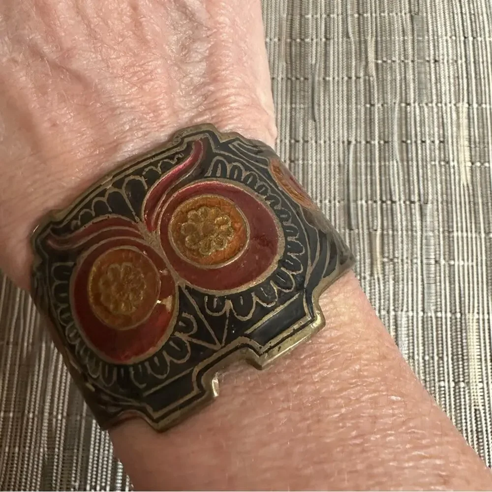 Vintage Brass Owl Cuff Bracelet Enamel India  * flaws 60s 70s 80s